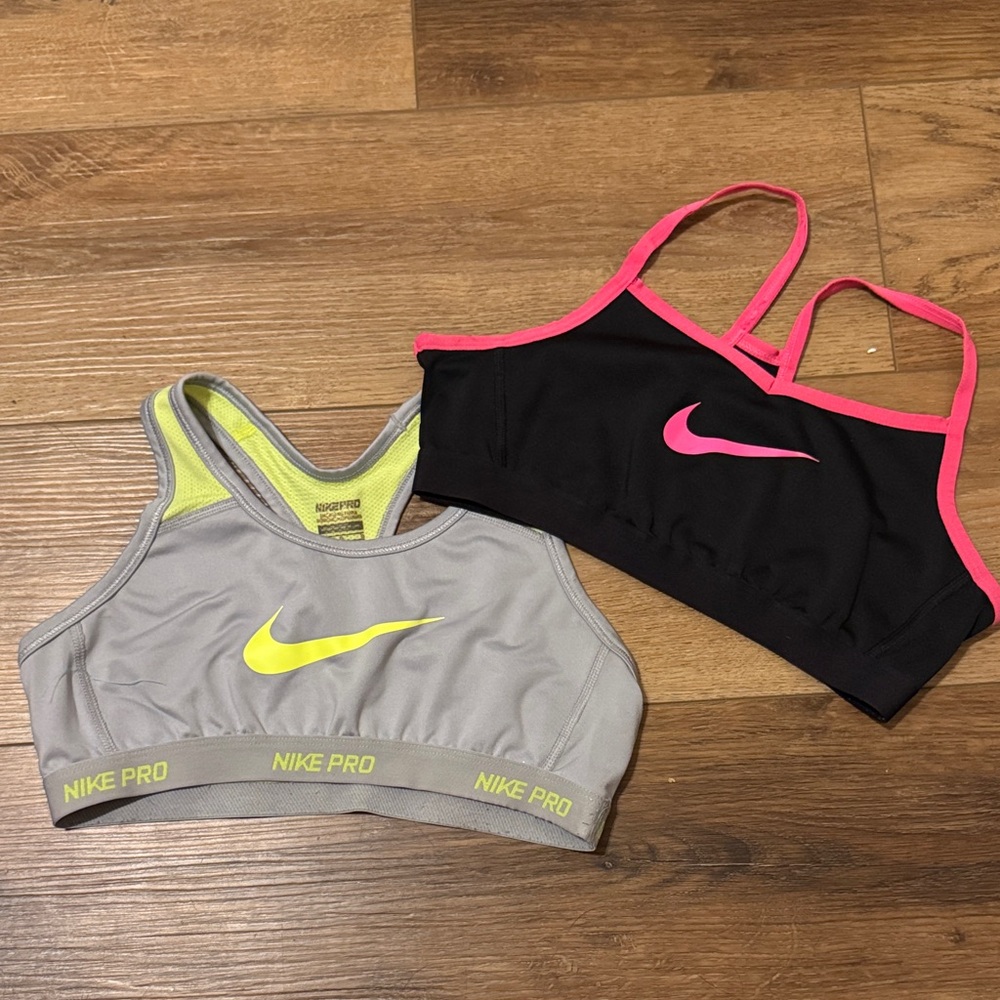 Nike Pro Sports Bras lot of 2 kids large grey Neon green & black hot pink logo